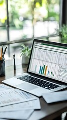 Poster - A laptop displaying data analytics on a wooden desk surrounded by stationery and plants.
