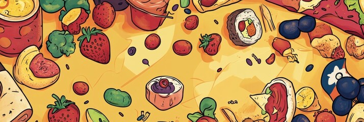 Poster - Whimsical doodles feature a variety of foods, including pizza, sushi, fruits, and desserts, arranged playfully on a bright surface. Generative AI