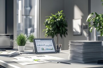 Poster - A modern office desk with a laptop displaying graphs, surrounded by plants and documents.