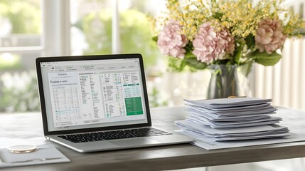 Poster - A laptop displaying spreadsheets beside a stack of documents and a floral arrangement.