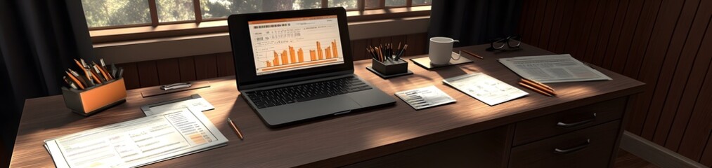 Poster - A modern office desk featuring a laptop, documents, and stationery for business tasks.