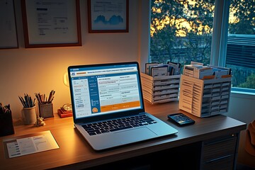 Poster - A cozy workspace with a laptop, stationery, and a sunset view through the window.