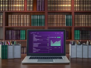 Poster - A laptop displaying financial data in a library setting.