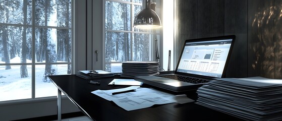Poster - A cozy workspace with a laptop and papers, set against a snowy landscape.