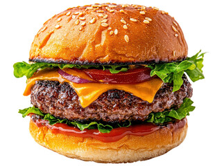 Wall Mural - A delicious cheeseburger featuring a juicy beef patty, melted cheese, fresh lettuce, tomatoes, and ketchup, all nestled in a sesame seed bun.