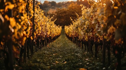 Poster - Golden Autumn Vineyard Rows Basking In Sunset Light