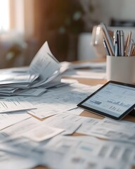 Poster - A cluttered workspace with documents and a tablet displaying data analysis.