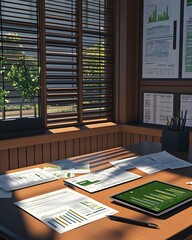 Poster - A desk with documents, a tablet, and a view of greenery through window blinds.