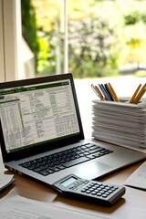  - A laptop displaying a spreadsheet next to a calculator and organized paperwork.