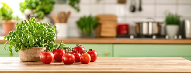 Wall Mural - Fresh tomatoes and herbs displayed on a wooden kitchen table in a modern minimalist interior with vibrant green walls