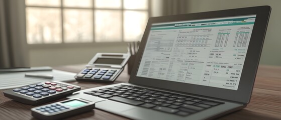 Poster - A laptop displaying financial data alongside calculators on a wooden desk.