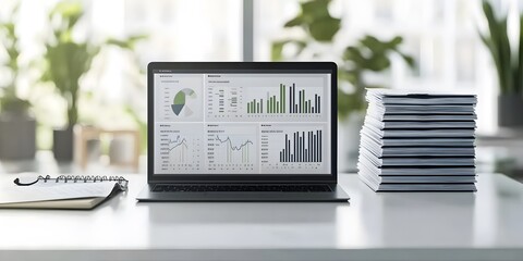 Poster - A laptop displaying data analytics beside a stack of documents in a modern workspace.