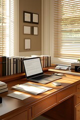 Poster - A modern desk setup with a laptop, stationery, and books in a well-lit office space.