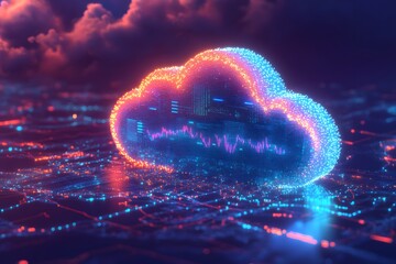 Poster - A digital cloud structure over a network, symbolizing data storage and technology.