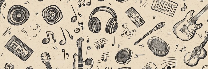 Poster - This doodle pattern showcases a variety of musical instruments, notes, headphones, and speakers, celebrating sound and creativity. Generative AI