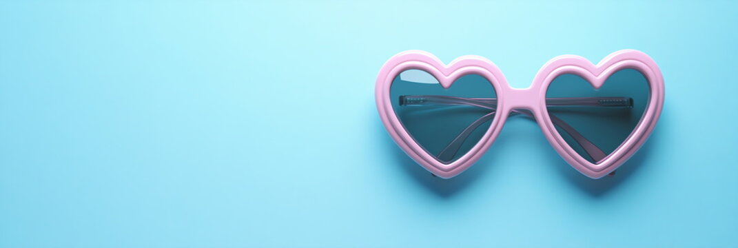 Elegant banner with heart shaped sunglasses and summer essentials on light blue solid background Valentine's day horizontal greeting card mockup, minimal style composition with copy space love wedding