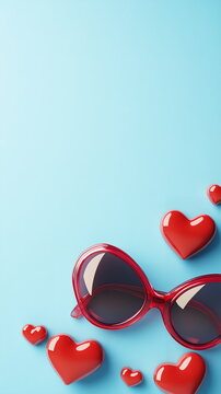Elegant banner with heart shaped sunglasses and summer essentials on light blue solid background Valentine's day vertical greeting card mockup for social media, minimal style, copy space, love wedding
