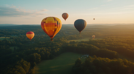 colorful array of hot air balloons floating above the green landscape