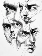 Poster - Black and white ink portraits capture various faces, emphasizing deep emotions through strong shadows and expressive line details. Generative AI