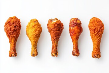 Wall Mural - Five crispy chicken drumsticks arranged in a row, showcasing a variety of colors and textures, against a plain white background.