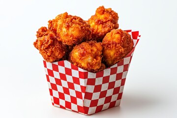 Wall Mural - Crispy fried chicken bites in a red and white checkered box, perfect for a tasty snack or party treat.