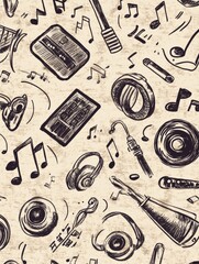 Poster - This doodle pattern showcases a variety of musical instruments, notes, and sound elements, creating a vibrant, artistic atmosphere. Generative AI
