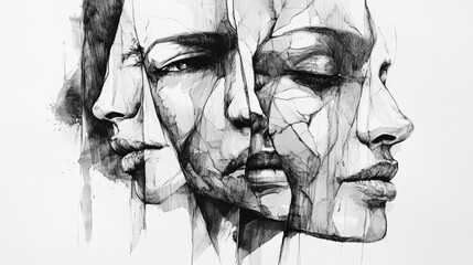 Poster - Intense expression captured in black and white ink portraits, featuring strong lines and shadows to convey emotion and depth. Generative AI