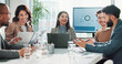 © peopleimages.com - Happy, finance or business people meeting with project feedback, portfolio or teamwork. Revenue report, paperwork or financial advisor talking to economists for economy good news or planning together