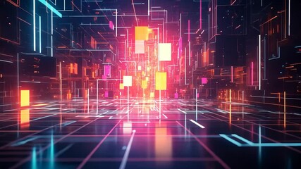 Poster - A complex yet visually appealing featuring a grid of colorful rectangles and lines representing a sophisticated digital network. Neon hues create depth and movement. Video