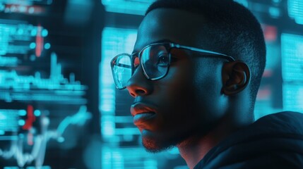 Poster - A young professional with glasses intently observing advanced digital screens displaying data and graphs, representing contemporary technology and analytics.