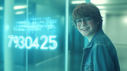 Poster - A young professional with a smile, displaying digital data, representing modern technology in a corporate office.