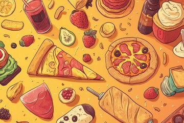 Poster - Colorful doodle illustrations showcase a variety of fun foods including pizza, sushi, fruits, drinks, and desserts laid out in an artistic manner. Generative AI