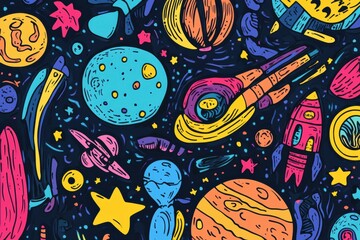 Poster - Playful artwork features abstract doodles of planets, stars, astronauts, rockets, and satellites in lively colors, evoking imagination. Generative AI