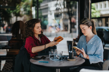 Canvas Print - Young business associates having a discussion and reviewing financial documents outdoors at a cafe. Casual business meeting in a relaxed environment.