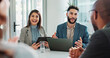 © Clement C/peopleimages.com - Meeting, talking or business people on laptop for results, feedback discussion or teamwork. Corporate review, happy or financial advisor speaking of economic news report, investment and growth profit