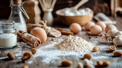 Wall Mural - Rustic baking ingredients arranged on a wooden surface