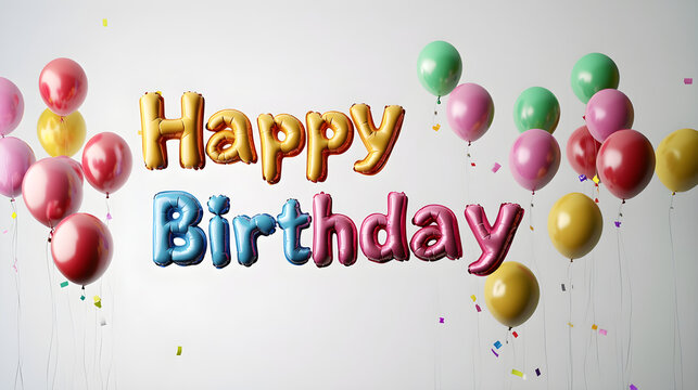 The 'Happy Birthday' text formed entirely from balloon letters floating in mid-air