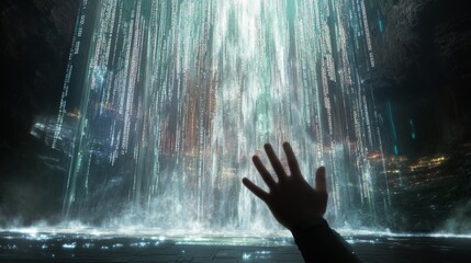 Poster - A hand extends towards a mesmerizing digital waterfall displaying streams of light and data in a dark, cavernous setting, creating a blend of technology and nature at twilight.