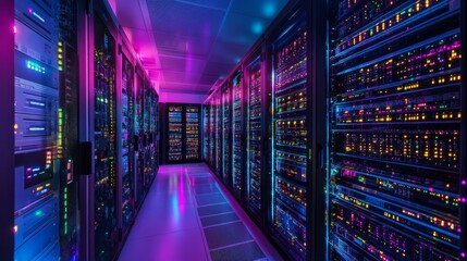 Leinwandbilder - A high-tech server room filled with rows of servers and network equipment, glowing with colorful LED lights.