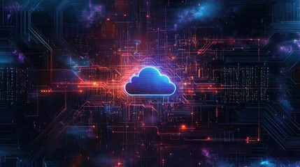 Fototapete - The image depicts a glowing blue cloud icon set against a backdrop of dark, digital circuitry.