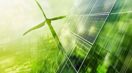 Poster - Solar panels and wind turbines showcase sustainable energy solutions against a minimalistic green backdrop, highlighting renewable resources. Generative AI