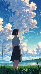 Wall Mural - Girl Under Scenic Sky View with Gentle Clouds and Vibrant Blue Sky Illustration Anime Wallpaper