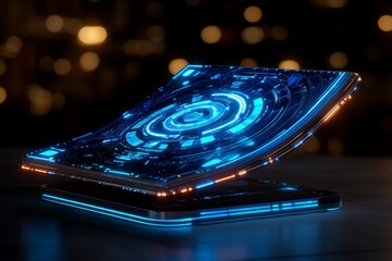 Poster - A futuristic holographic agenda displayed in mid-air, with glowing icons and a sleek, sci-fi design