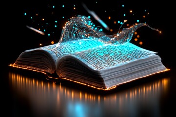 Poster - A magical agenda book glowing with enchanted text, surrounded by floating quills and sparkling light