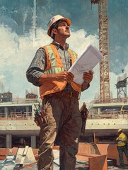 Poster - An engineer stands confidently at a construction site, reviewing blueprints while ensuring project safety and progress in the daytime. Generative AI