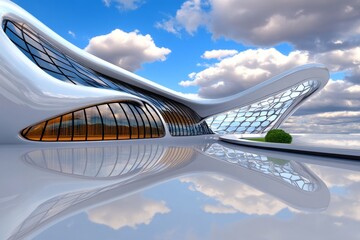 Poster - Ahead road depicted as a futuristic 3D digital rendering, curving through a sci-fi landscape with metallic structures