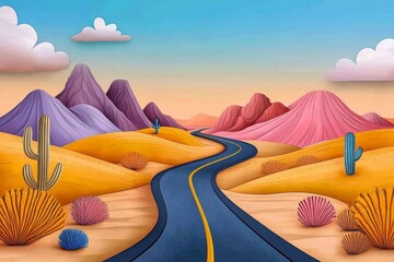 Poster - Ahead road depicted in pixel art, stretching through a colorful 8-bit landscape with mountains and pixelated clouds