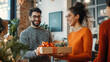 © Mary Salen - Coworkers with presents gifts secret Santa holiday gift exchange at office Christmas party bright cheerful colorful positive emotion happy coworkers birthday holiday fun happy atmosphere copy space