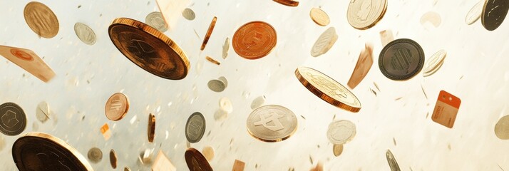 Fototapete - Falling coins and price tags capture the essence of financial transactions in an abstract representation of commerce and value. Generative AI