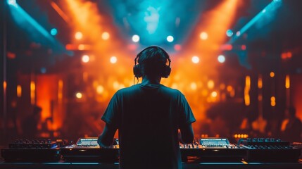Wall Mural - DJ with headphones playing music in a club with lasers